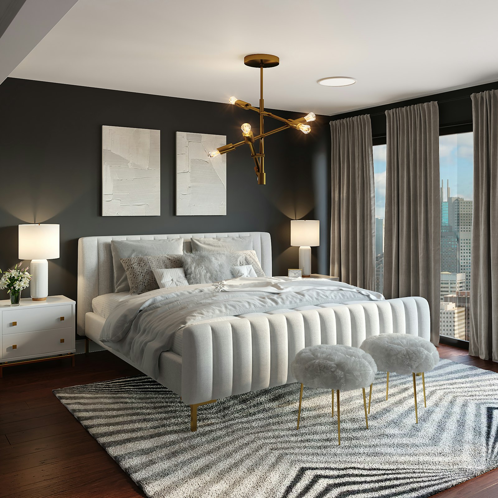 Quiet bedroom with layered neutral bedding and soft walls