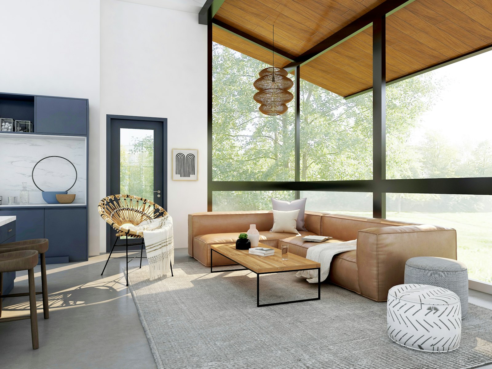 Styled corner of a renovated room with soft textiles and daylight